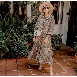 Free People Feeling Groovy Maxi Dress Floral Boho Tiered Ruffle Yellow Size L